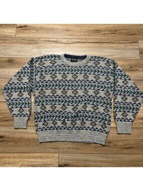 Men's VTG Reed St James Knit Sweater 2XL Gray USA Made Geometric Retro Grandpa